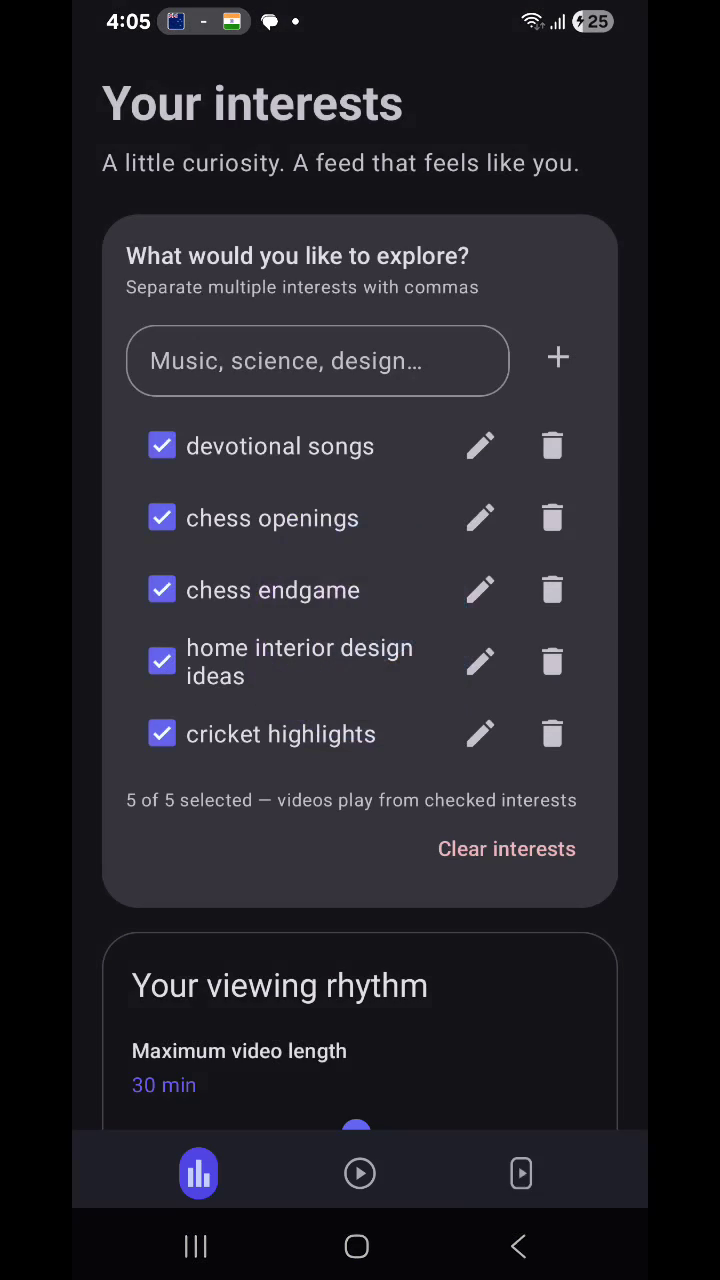 Prayojan's interests screen — a checked list of topics